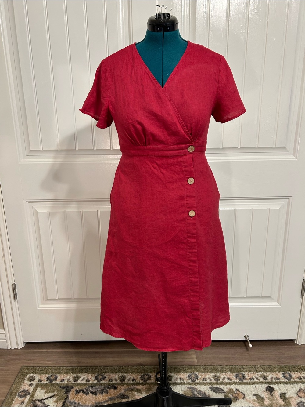 Women’s Crimson Wrap Midi Dress with Button-Front Detail